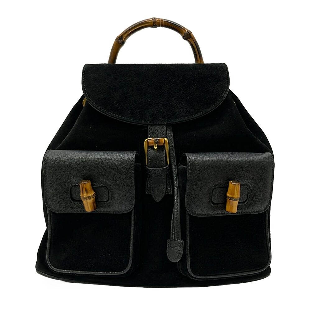Gucci Bamboo Backpack Black Brown Suede Leather